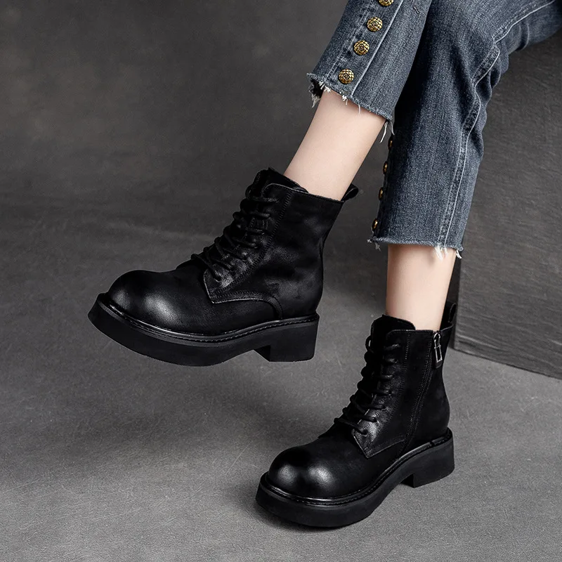 

GKTINOO Winter Genuine Leather Ankle Boots Lace-Up 2023 New Winter Round Toe Solid Color Women Shoes Retro Ankle Platform Boots