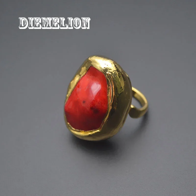 24K Gold Plated Bige Size Natural Irregular Red Coral Rings for Men Woman Open Adjustable Large Ring Luxury Fine Jewelry