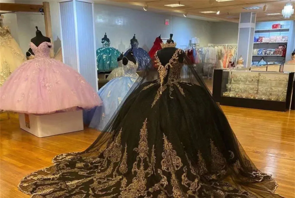 Schwarze Prinzessin Quince anera Kleider Ballkleid Spaghetti träger Tüll Applikationen süß 16 Kleider 15años mexikanisch