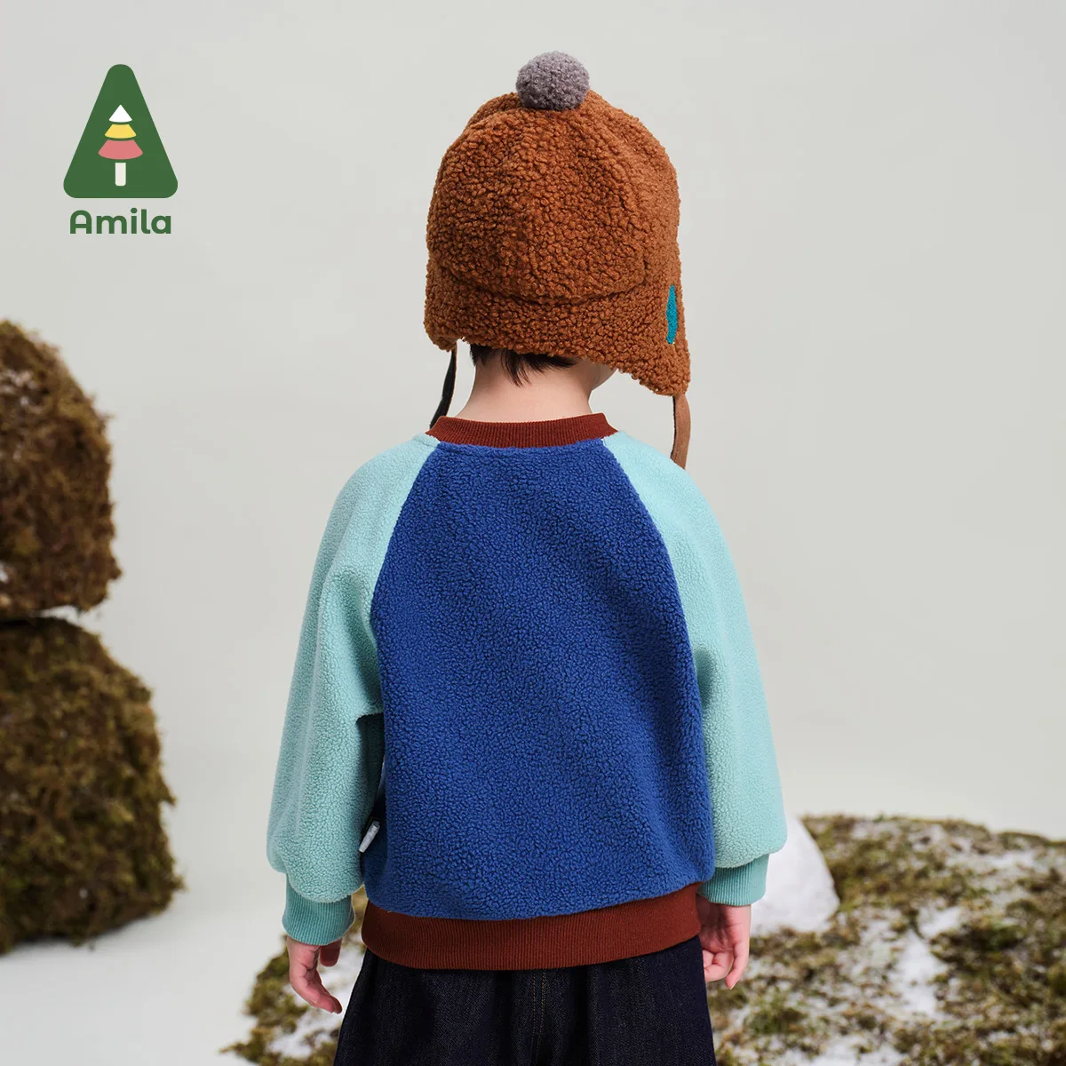 Amila Baby Sweatshirt 2024 Winter New Boys Contrast Color Star Pattern One-Piece Velvet Warm Loose Casual Children's Pullover