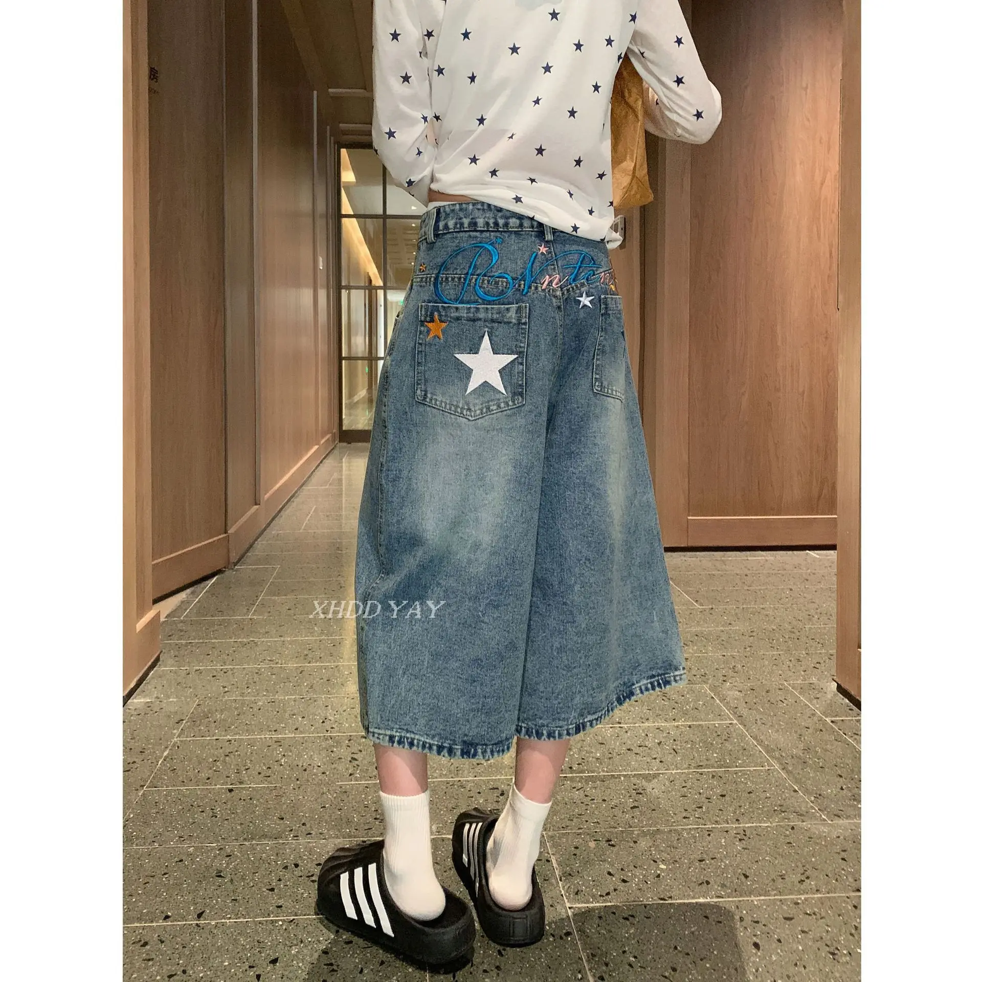 American Retro Star Embroidered Denim Capri Pants Women Summer Street Loose Slimming Wide Leg Shorts