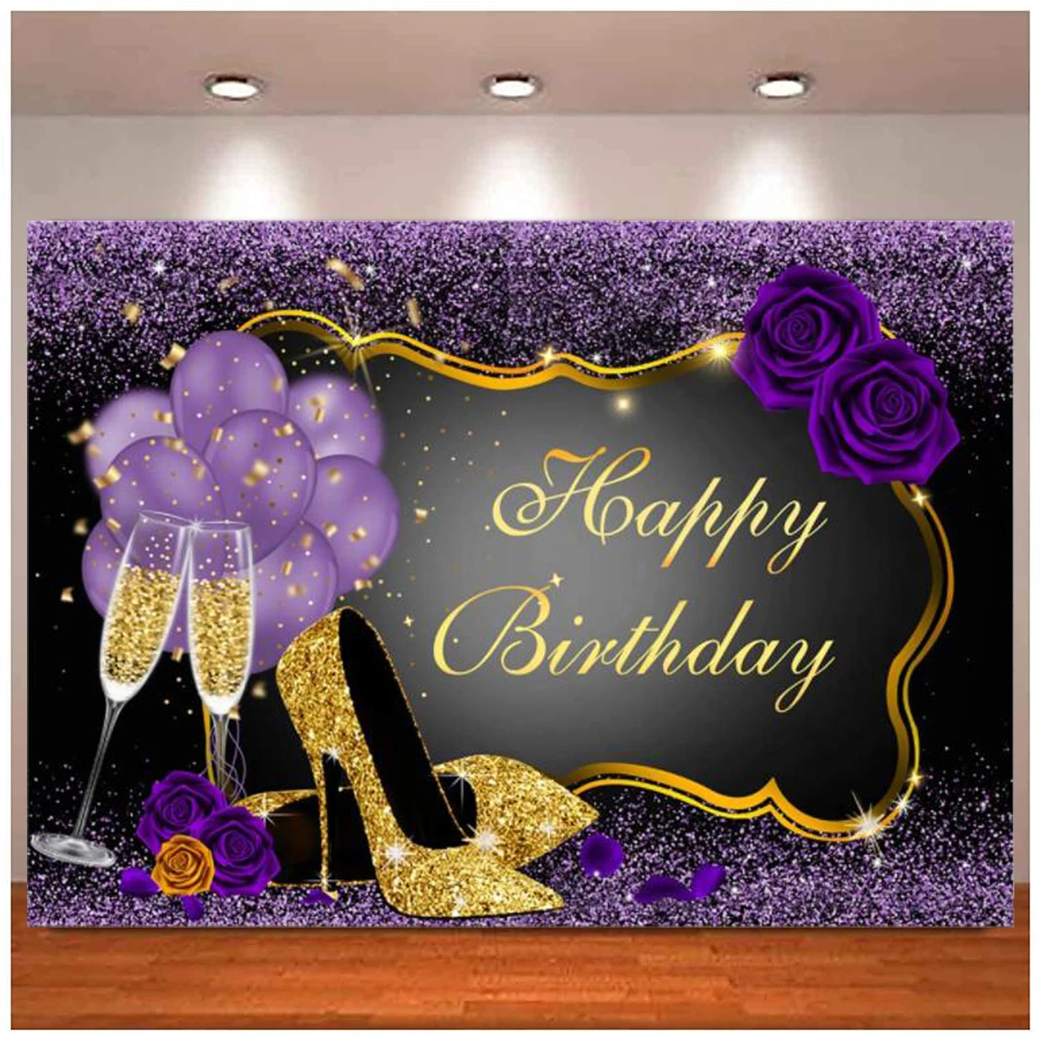 

Sweet Purple Happy Birthday Photography Backdrop Rose Shiny Sequin High Heels Champagne Glasses Background Party Decorations