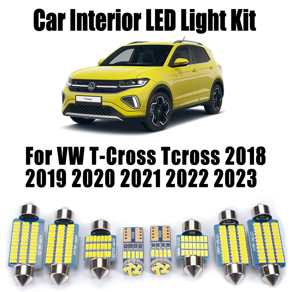 9Pcs LED Interior Reading Bulb Dome Trunk Light Kit For VW T-Cross Tcross 2018 2019 2020 2021 2022 2023 Canbus Car Accessories