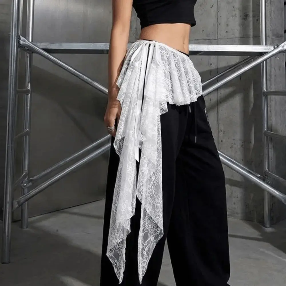 Jeans Pants Decor Embroidered Flower Lace Mini Skirt Irregular See Through Ruched Skirts High Waist Harajuku Pleated Skirts