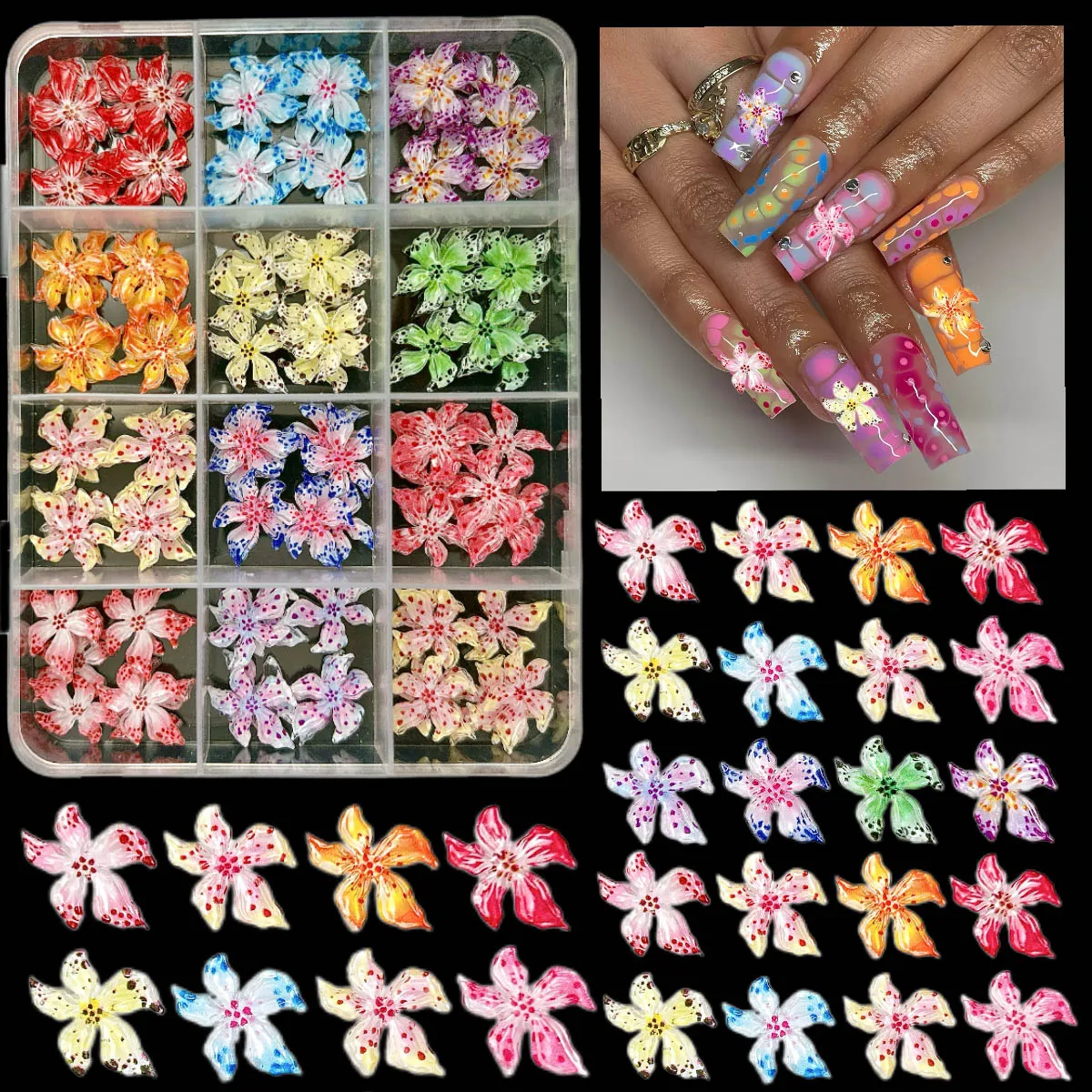 1 scatola di decorazioni creative per unghie in resina con fiori maculati morbidi, colori multipli, ciondoli floreali per unghie dolci ibisco per manicure fai da te