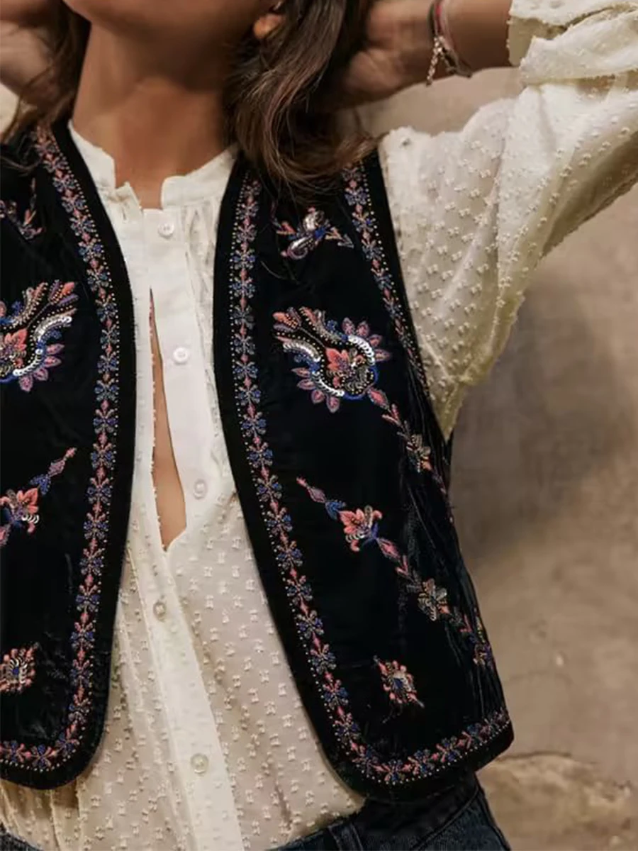 Gilet Brodé Classique Sans Manches Ouvert Femme - Gilet Velours Automne - Veste Extérieur Élégante