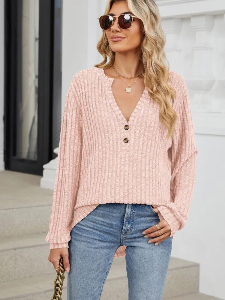 Autumn/winter Women's Top V-neck Pit Striped Buttons Solid Color Long Sleeve Loose T-shirt Comfortable Casual Women's Clothes