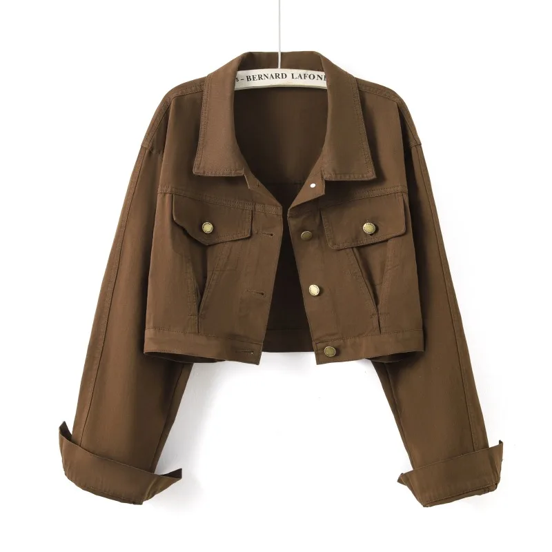 Fall Aesthetic Coffee Brown Short Denim Coat Vintage Women Lapel Metal Button Detail Casual Relaxed‑fit Versatile Daily Wear
