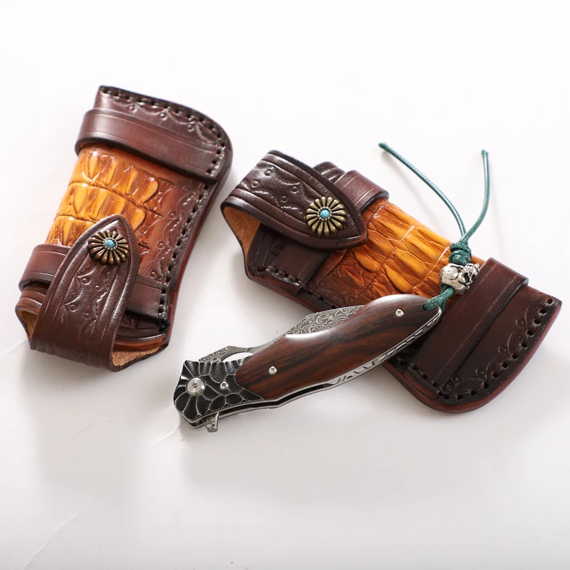 Beautifully hand stitched and engraved vegetable tanned leather folding knife universal sheath pocket knife cover leather sheath