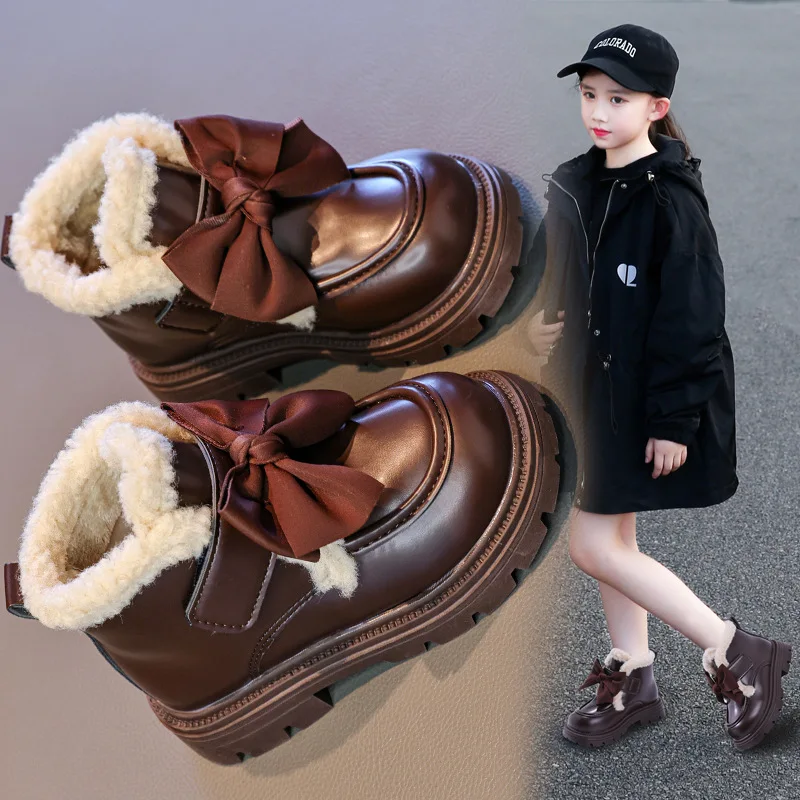 

Bow Padded Thickened Kids Leather Shoes Hundred Children's Baby Short Bootss Girls Fashion Cotton Boots