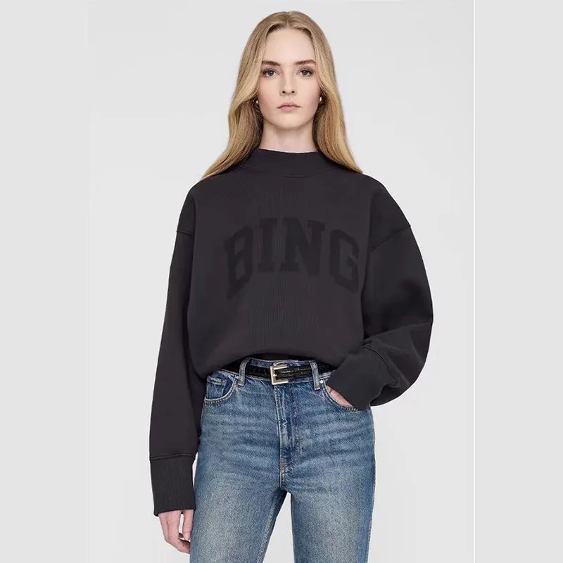 2024 winter new North American niche AB classic letter BING printing inner fleece turtleneck loose women's sweater