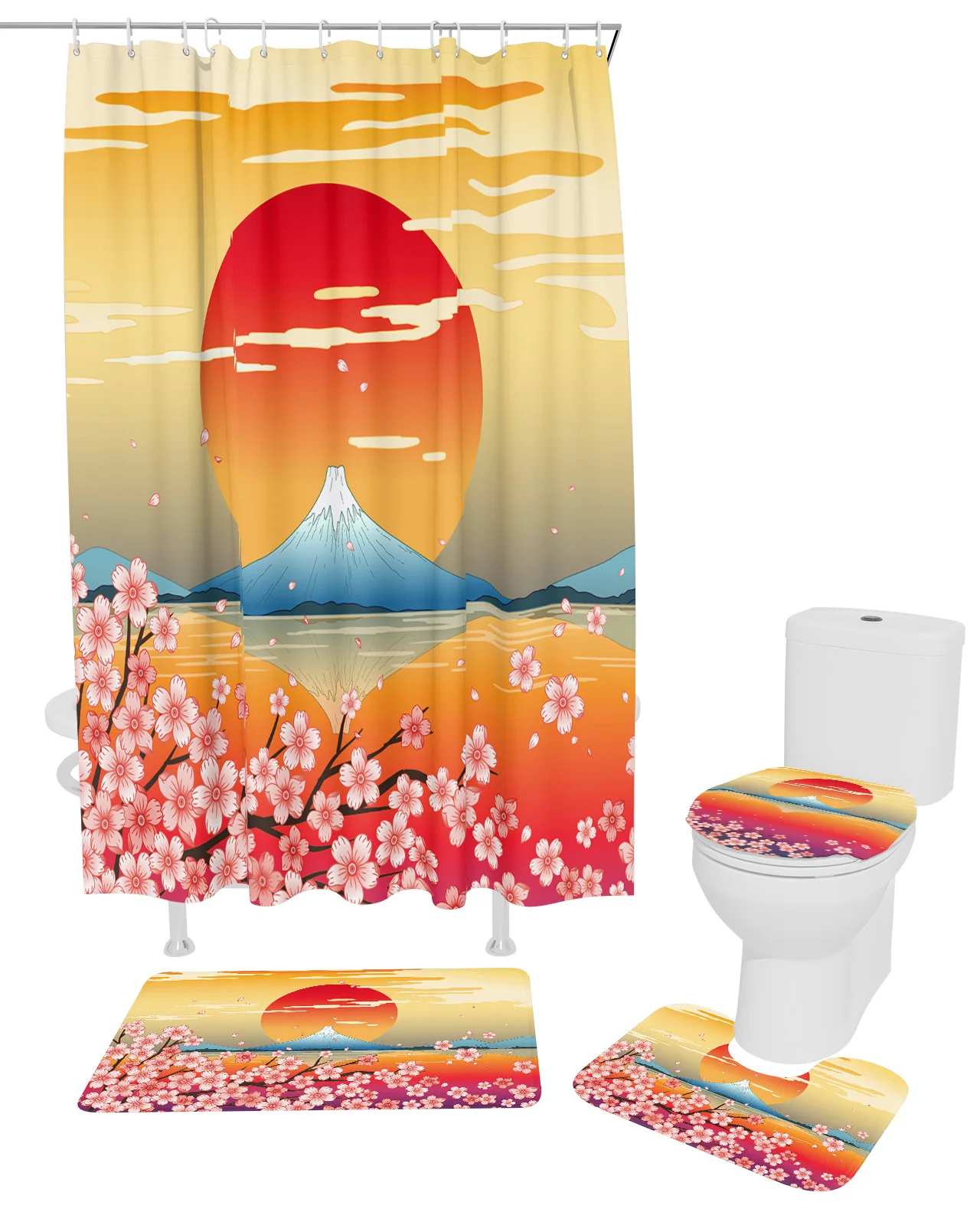 Japanese Style Mt. Fuji Sakura Shower Curtain Set Non-Slip Rugs Bath Mat Toilet Lid Cover Waterproof Polyester Bathroom Curtain