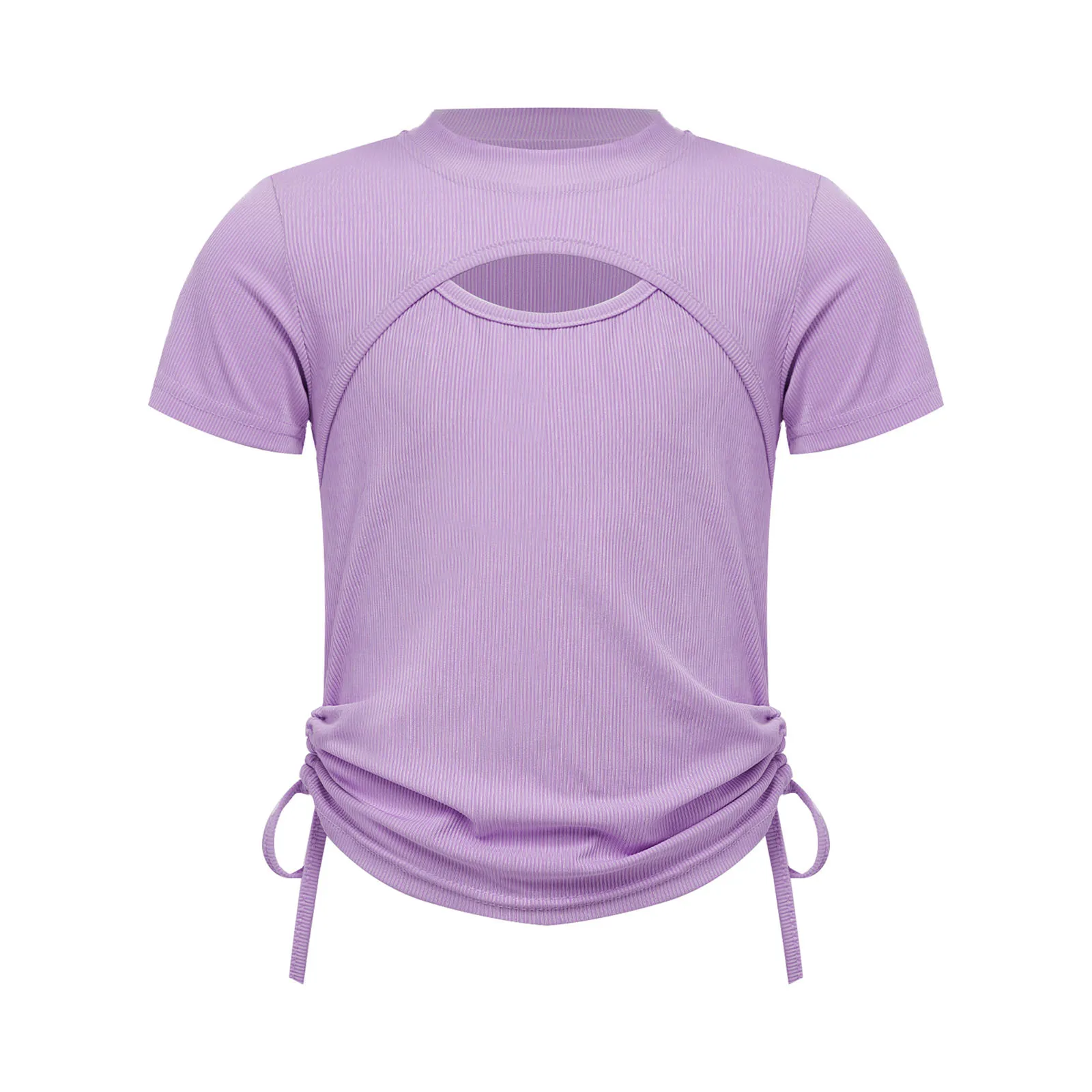 Kinderen Meisjes T-shirt Zomer Mode Effen Kleur Trekkoord Uitsparing Tee Top Korte Mouw Geribbelde Shirts Trui Tops Casual Kleding