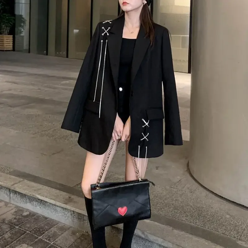 Harajuku Women Jackets Black Gothic Punk Hip Hop Solid Vintage Blazer Coat Women Chic Chain Loose Jacket Streetwear Women Blazer