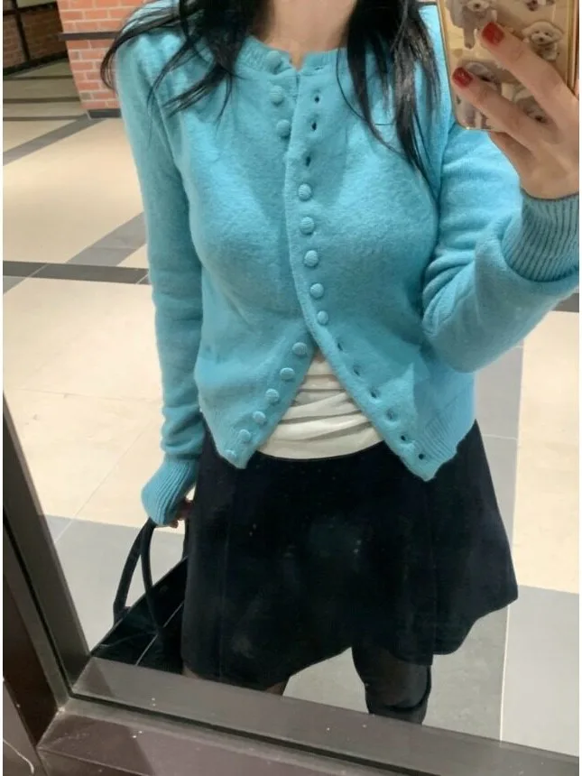 Chic Vintage Soft round Neck Single Button Women's Knitted Open Cardigan Slimming Versatile Spring Autumn Winter Outerwear