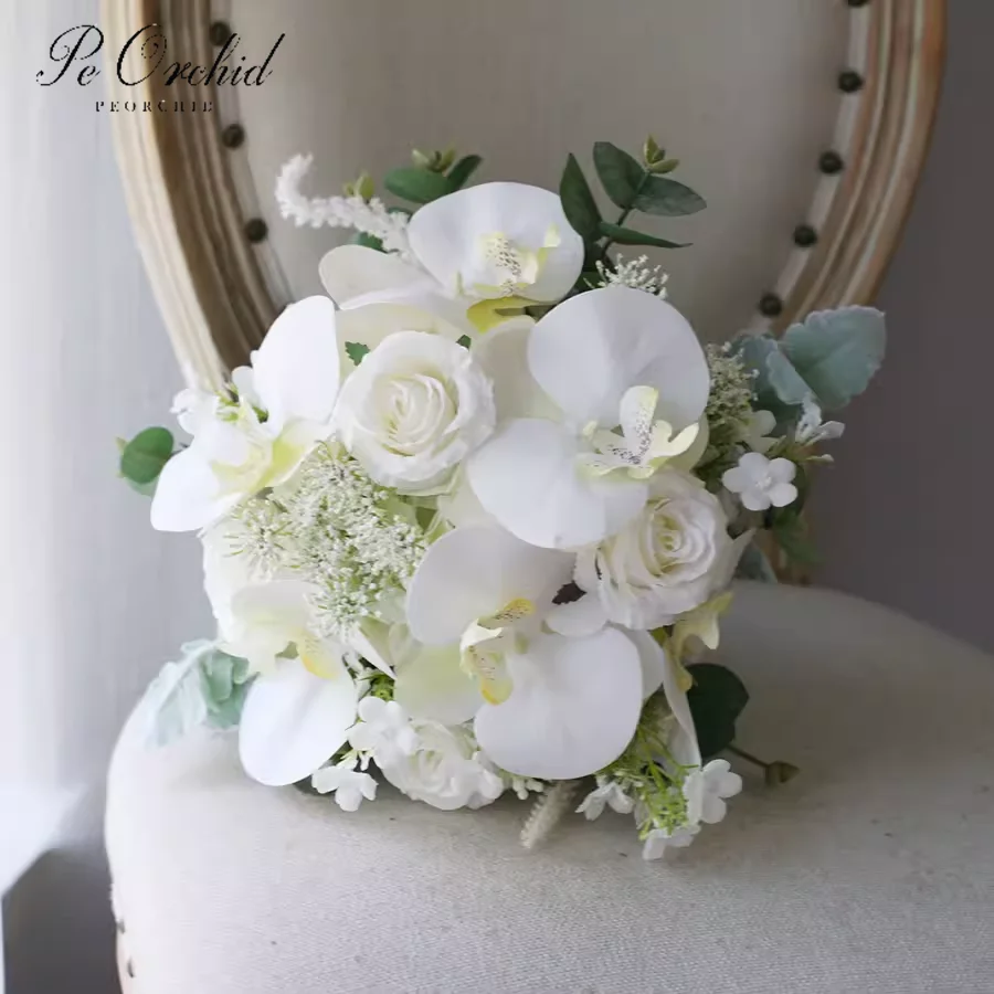 PEORCHID Ramo Artificiales Boda White Orchid Bridal Boquet For Wedding Flower Bouquet Bridesmaid Rose Bouquet Decoracions