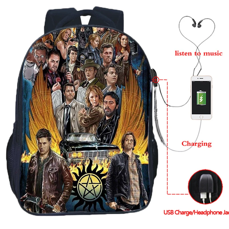 

2026 Supernatural Print USB Travel Backpack Large Capacity Teenager Rucksack Shcoolbag For Students Boys Laptop Kids Book Bags
