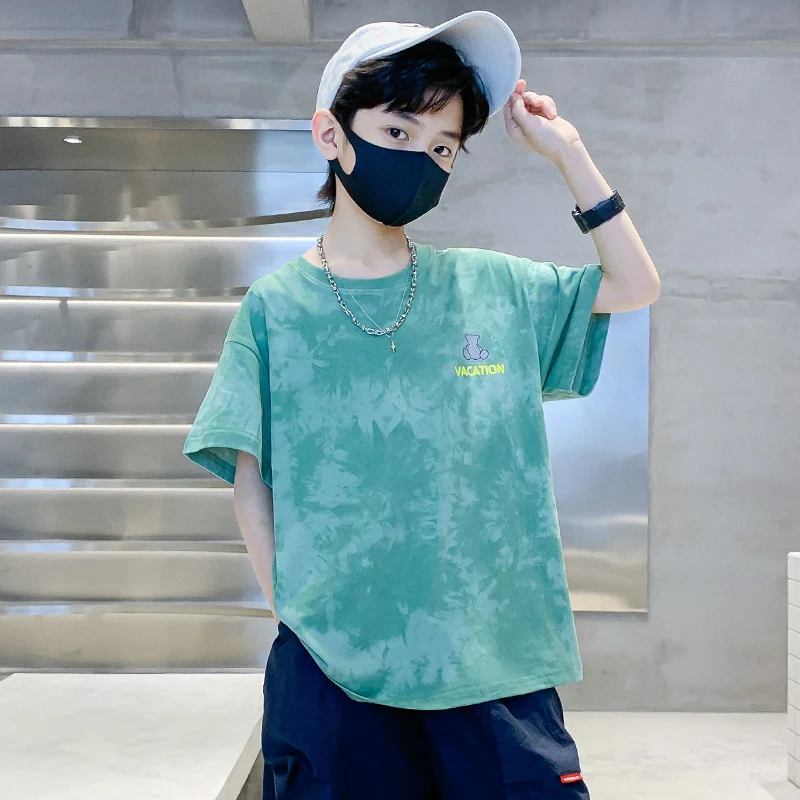 2025 Summer Boys T-Shirts New Fashion Print Tops for Kids Cotton Tshirt Tie-Dye Casual Streetwear Teenage Tees Outerwear Clothes