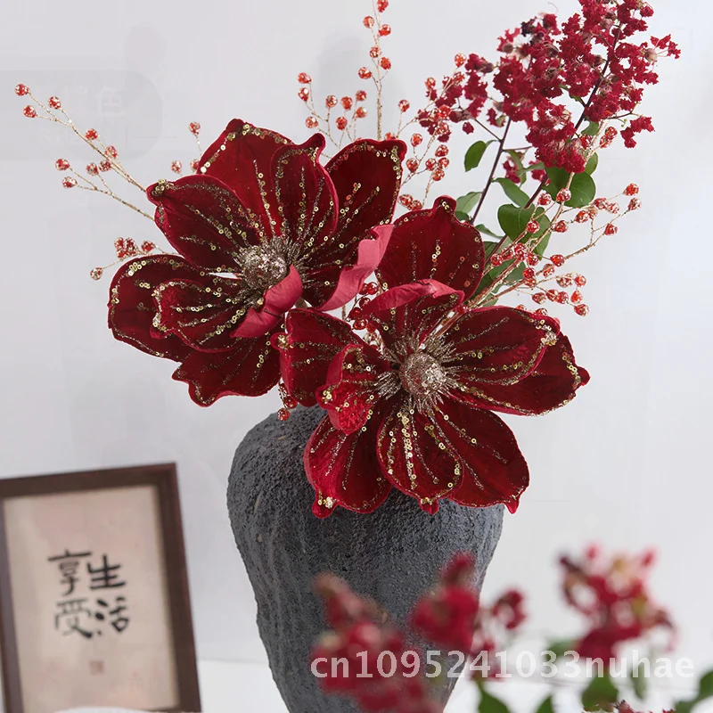 

Red Christmas Flower Artificial Magnolia Festive Decoration High-End Cross-Border 24-Year New Product National Style Home Decor