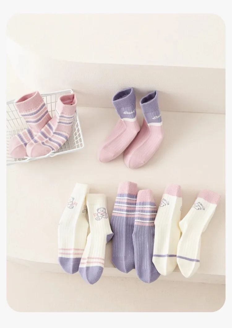 5 Paar Mädchensocken, Frühlings- und Sommer-Baumwollsocken, niedliche Bärensocken für Kinder, 1–14 Jahre, mittelhohe Kindersocken – Detail 8