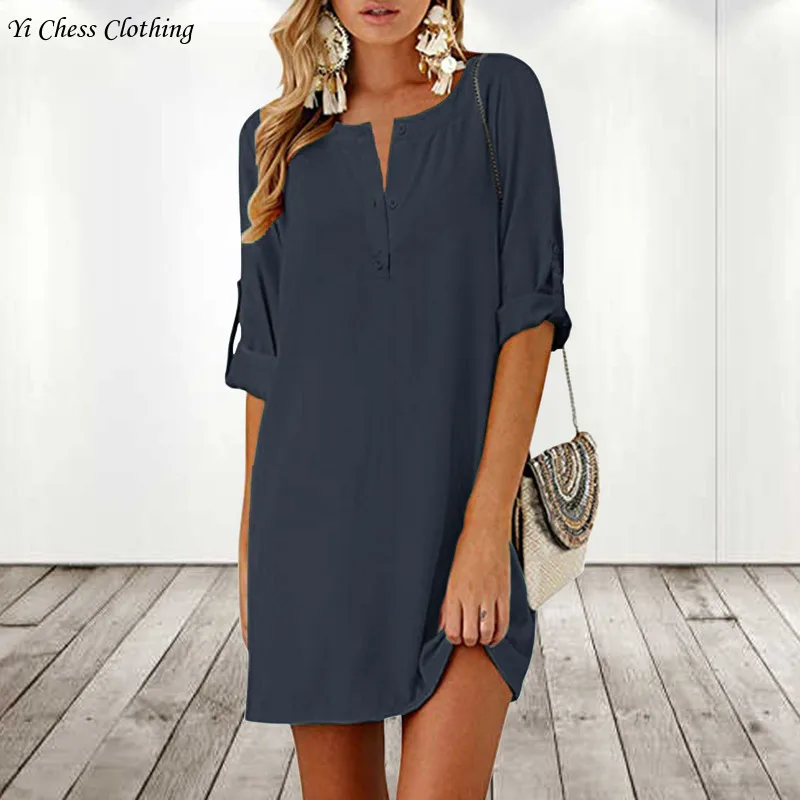 2024 Cotton and linen loose fitting 3/4 sleeves medium length solid color V-neck fashionable and beautiful women summer dress