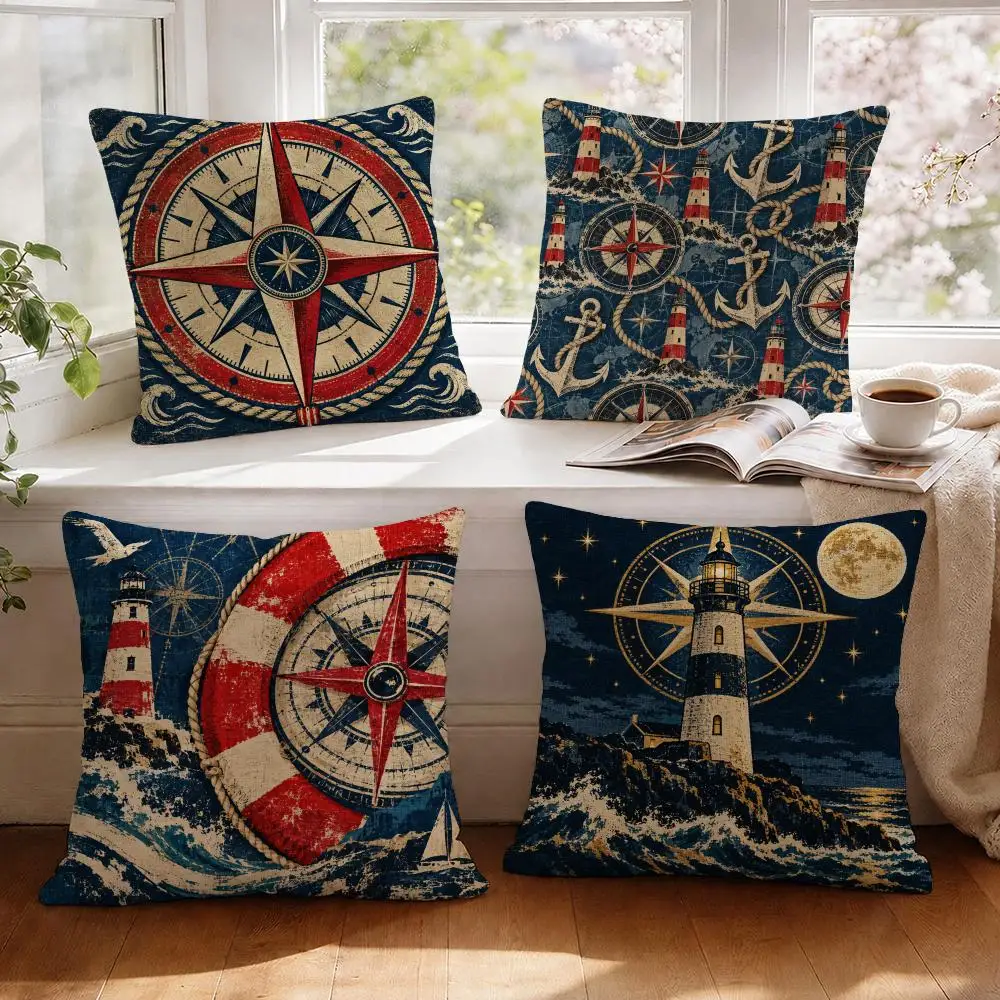Nautical Compass Cushion Cover 1/4Pcs Linen Throw Pillow Covers Double-Side Print Sofa Couch Living Room Decor