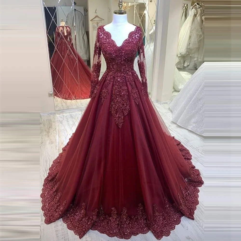 Gaun Prom Merah Anggur Wanita Seksi Kerah V Renda Applique A Line Lengan Panjang Gaun Malam Pesta Formal Gaun Selebriti Fashion