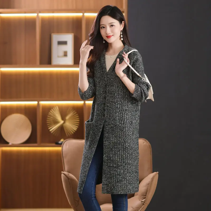 

Women Chic Cardigan Sweater Coffee Black Gray Hooded Knitwear Soft Warm Cosy Bulky Rib Fabric Knitted Coat Autumn Clothes 2024