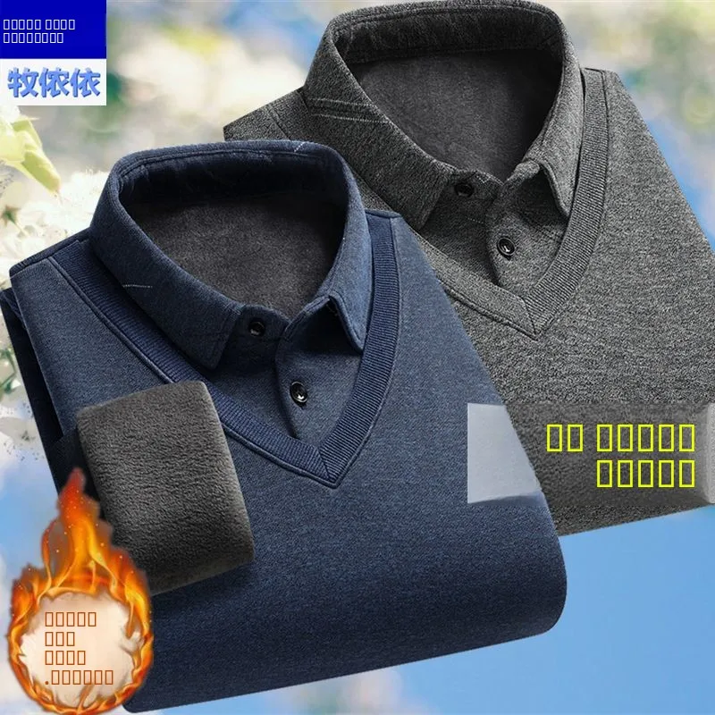 

Thiened Fce Мужской вязаный свитер Busin Casual Sle Теплый повседневный свободный крой с длинным воротником Sve irt Одежда на одной пуговице...