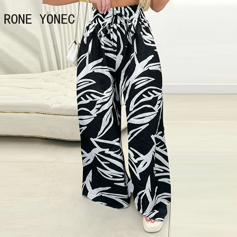

2024 Women Allover Print Elastic Waist High Waist Vacation Wide Leg Pants