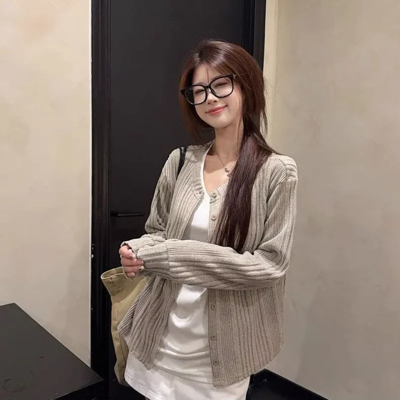 Korea Chic Simple Office Lady Long Sleeve Cardigan Knit V Neck Elegant Trendy Jumper Slim All-match Personalized Sweaters