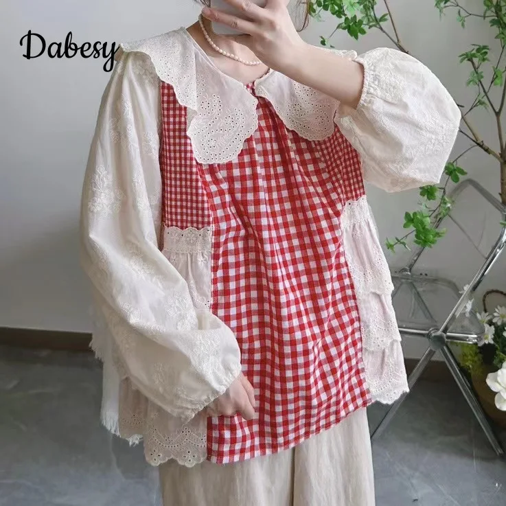 

Spring Vintage Plaid Patchwork Blouses Women Japanese Ruffled Peter Pan Collar Long Sleeve Cotton Linen Shirt Loose Female Tops