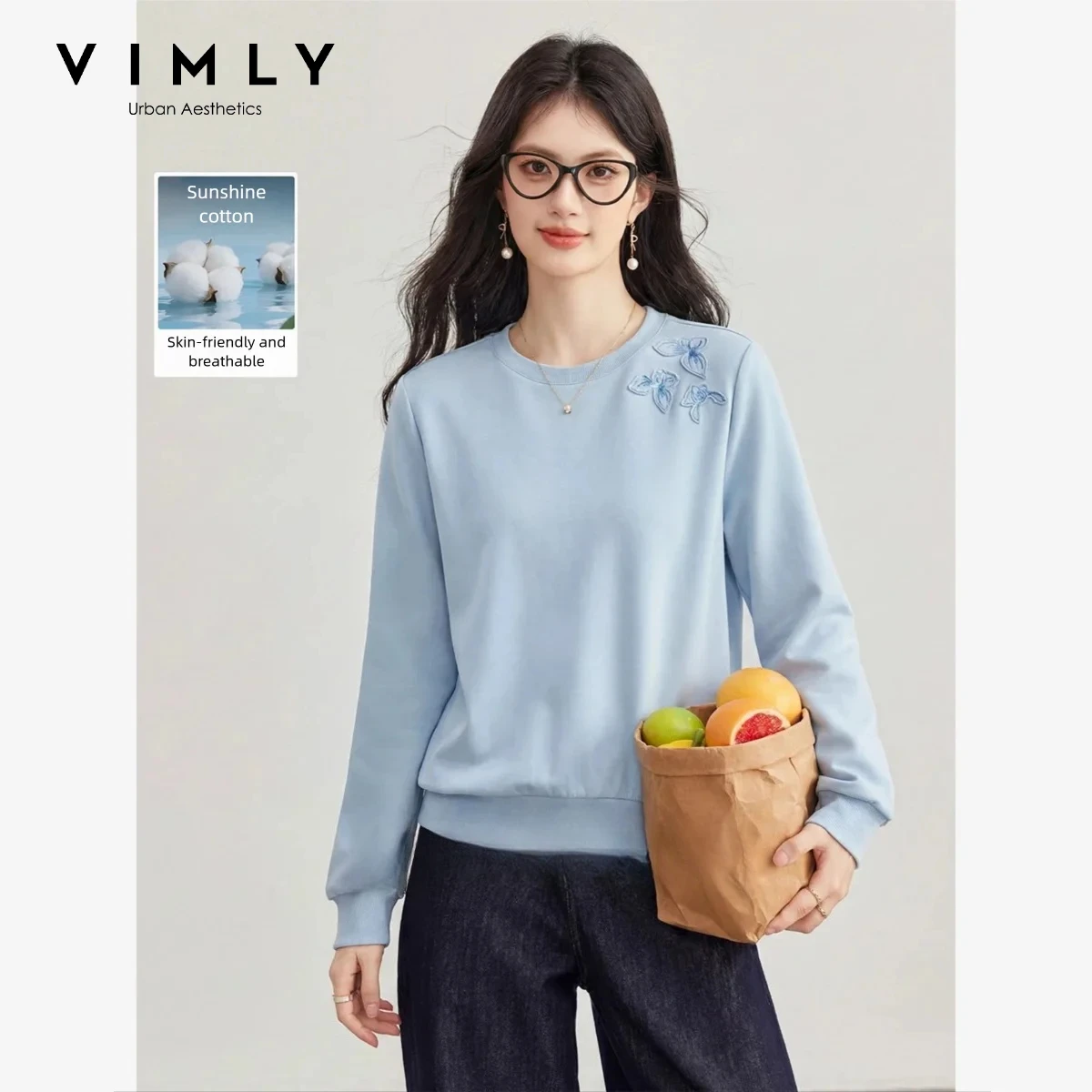 VIMLY Blue Sweatshirt Women 2026 Fall Casual Loose-fit Round Neck Embroidered Pullover Elegant Long Sleeve Tops Female A6802