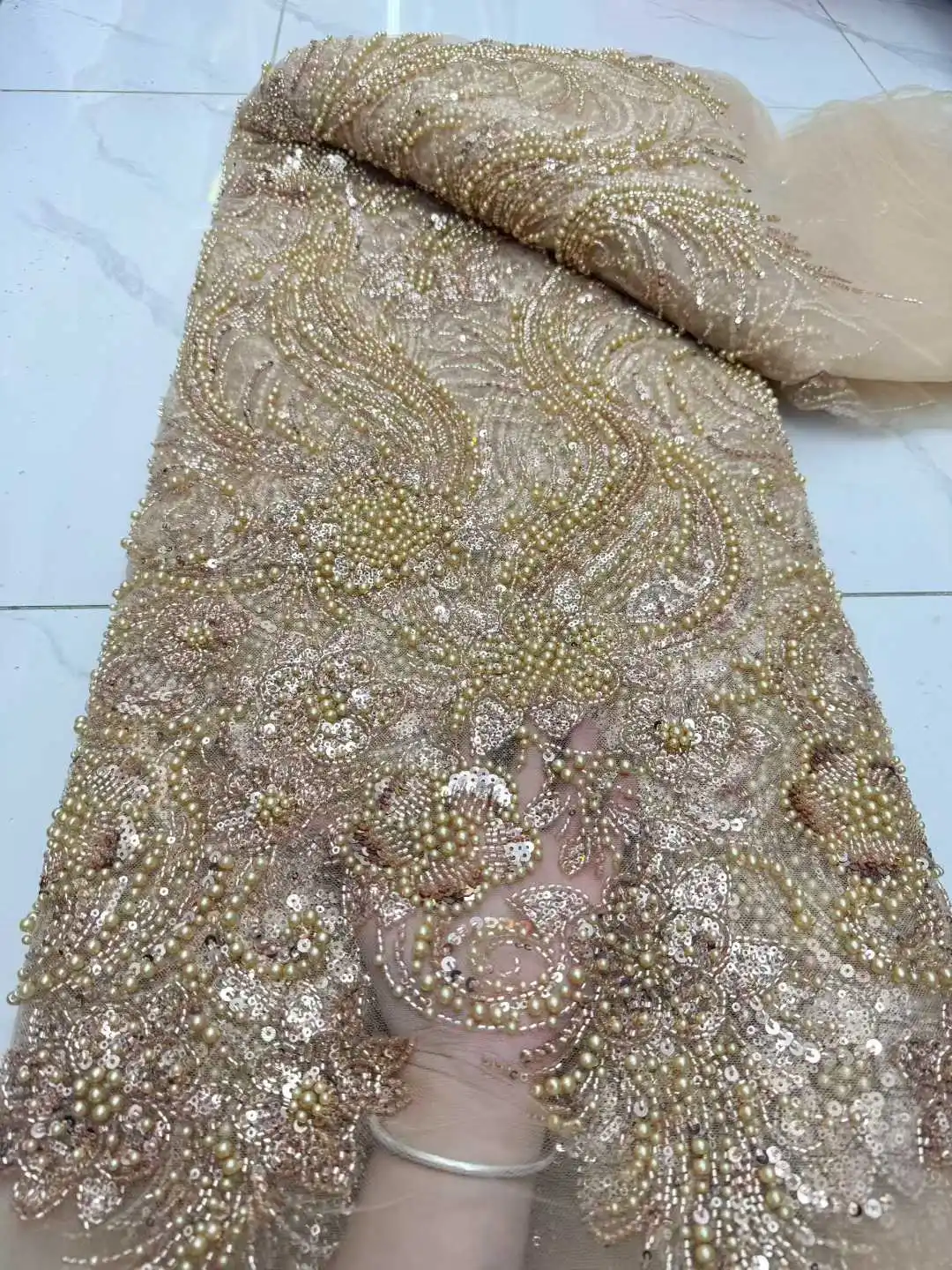 African Beaded 2025 High Quality Nigerian Sequins With Pearl Lace French Tulle Lace Fabric For Party Dress Sewing