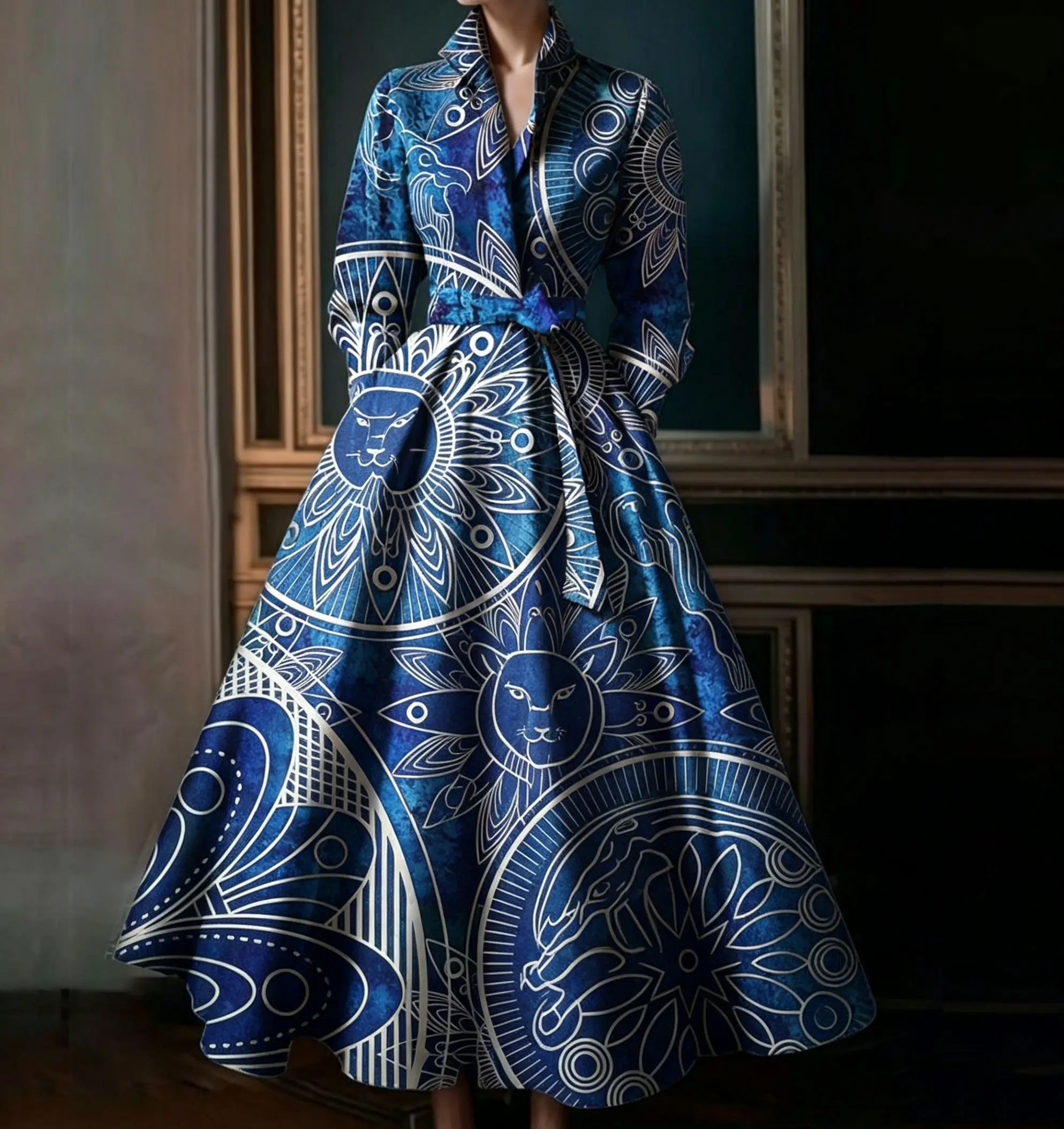 

Elegant Art Deco Lion Totem Printed Dress Classic Chic Vintage Sleeveless A-Line Midi Dress for Formal Casual Occasions Dress