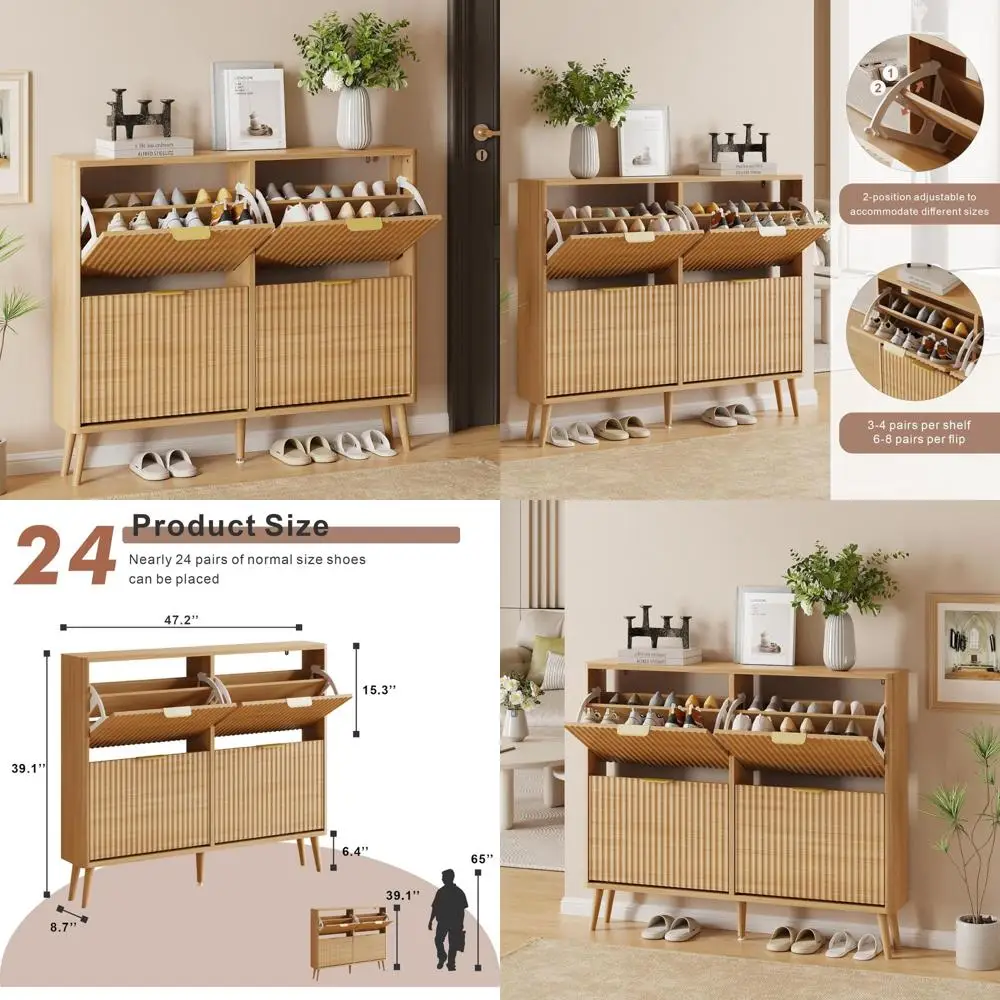 Freestanding Oak Shoe Storage Cabinet Organizer for Entryway and Hallway with 4 Flip-Down Doors