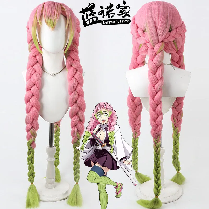 

Парик для косплея Mitsuri Kanroji Kimetsu no Yaiba, длинные розовые, зеленые, термостойкие волосы, подлинные парики для косплея + шапочка для парика