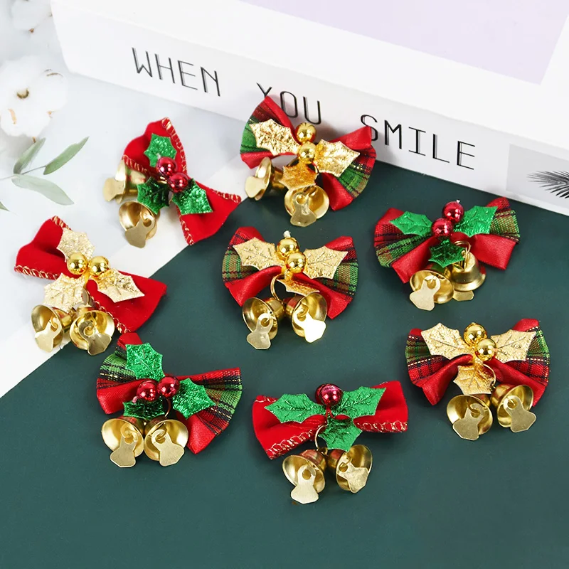 6pcs Christmas Bow With Bell Mini Xmas Tree Bowknot Pendant Ornaments For Home Decoration 2024 Navidad New Year Party DIY Gifts