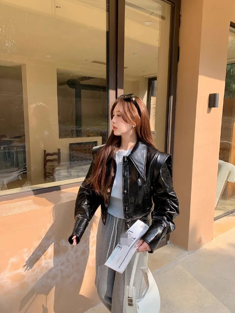 Fashion Square Collar Genuine Leather Womens Short Jacket Single Breasted Street Punk Sheepskin Patent Leather Moto Biker Coat