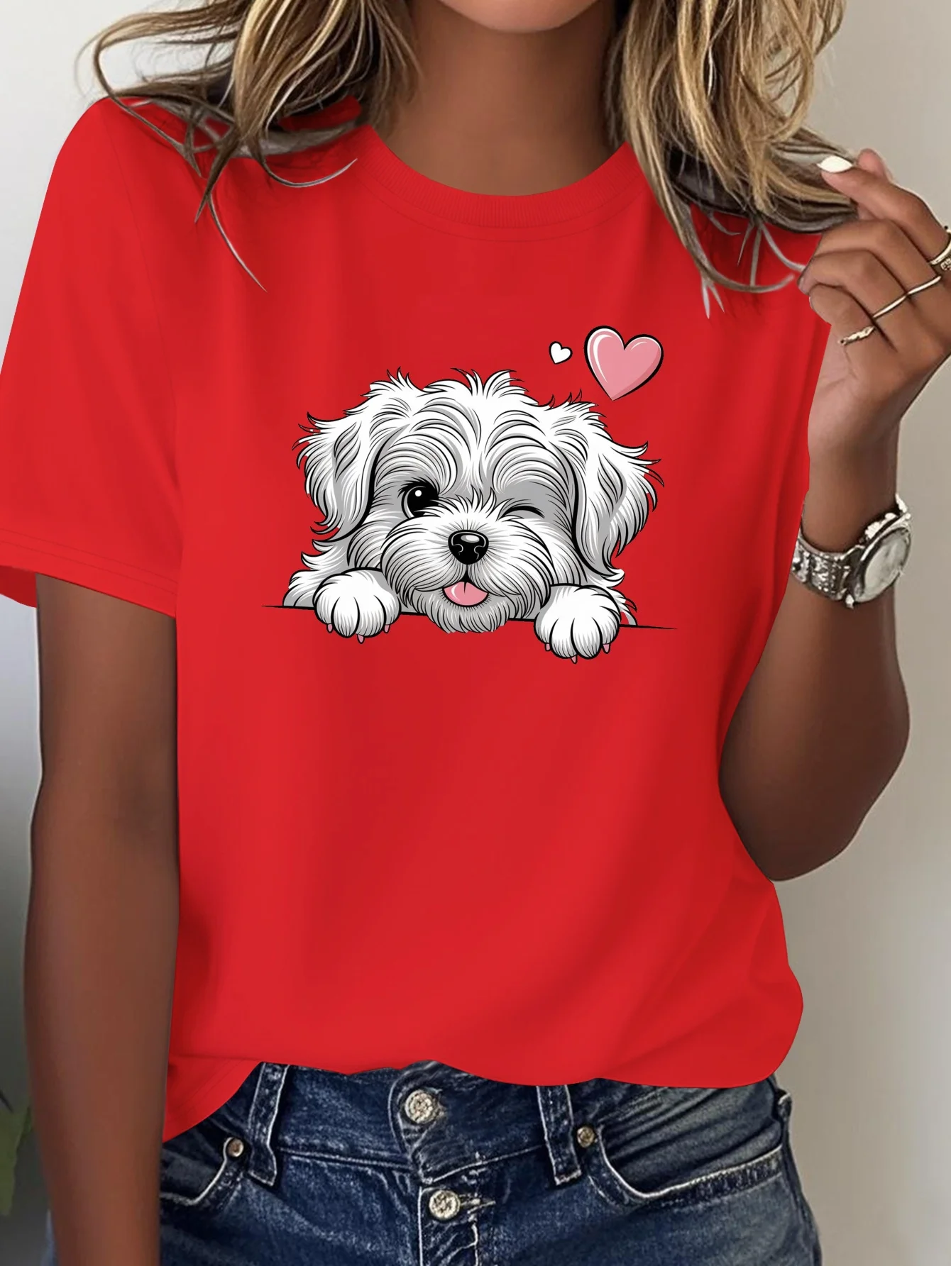 Fluffy Maltese Dog Dog Personalized Pattern Women's Elegant Style Round Neck Women's Comfortable New Fashionable Fun T-shirt