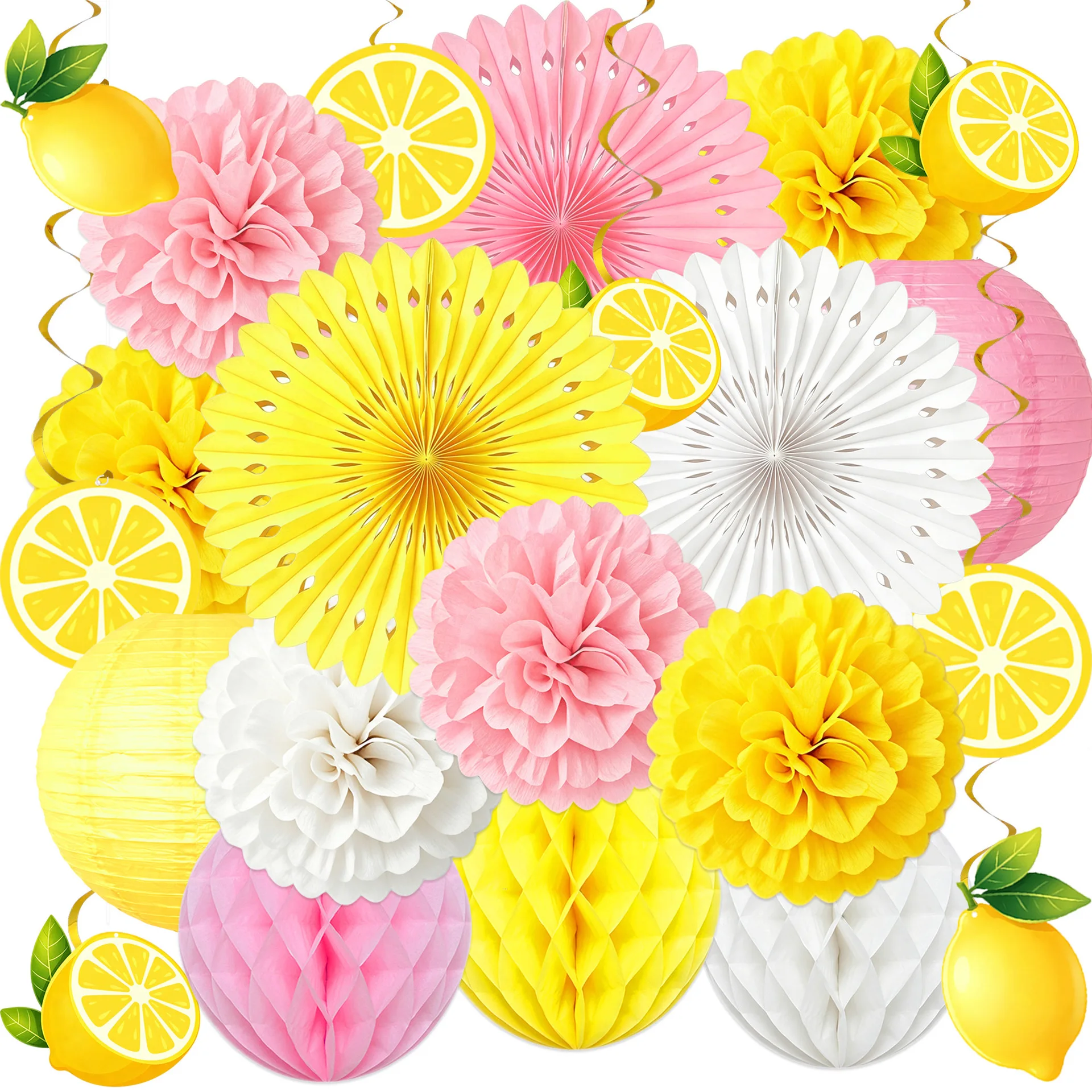 Summer Lemon Party Decor Yellow Pink Hanging Paper Fans Pom Poms Lantern for Lemonade Stand for Birthday  Italian Backyard Decor