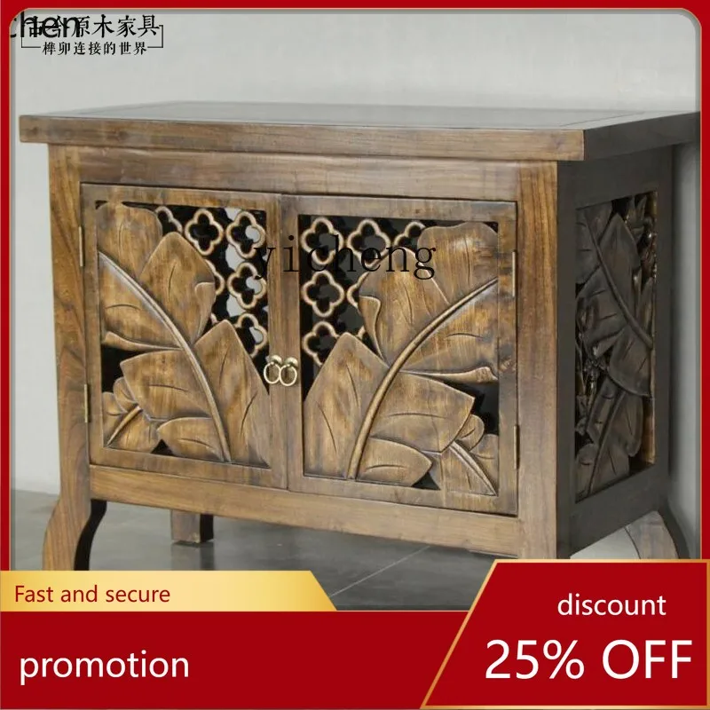 

YFY Furniture Solid Wood Carved Bathroom Cabinet Elm Thai Wall Edge Curio Cabinet Entrance Cabinet