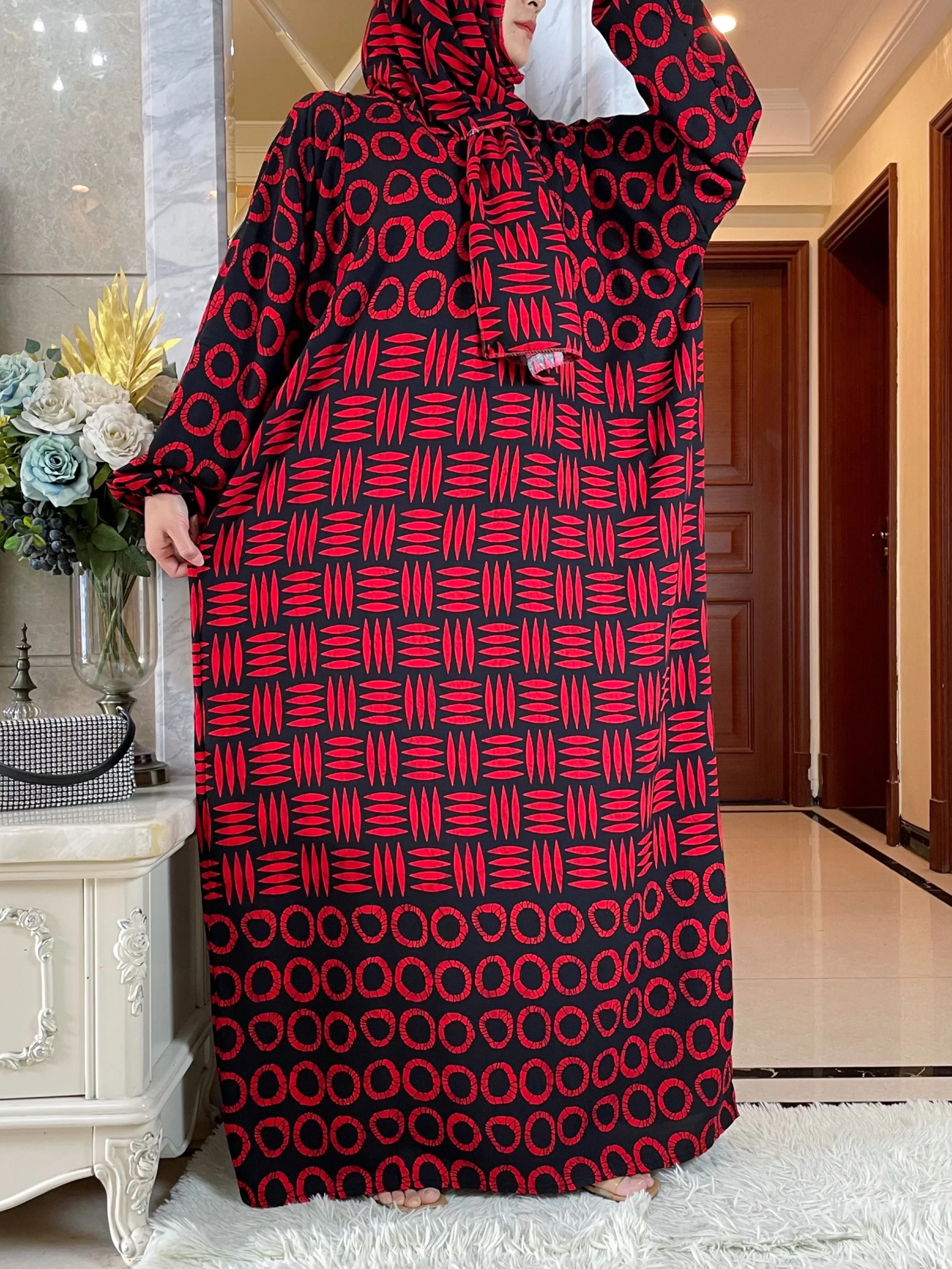 Latest African Women Summer Half Sleeve Dress With Big Scarf Collect Waist Floral Boubou Maxi Islam Cotton Elegant Abaya Clothes