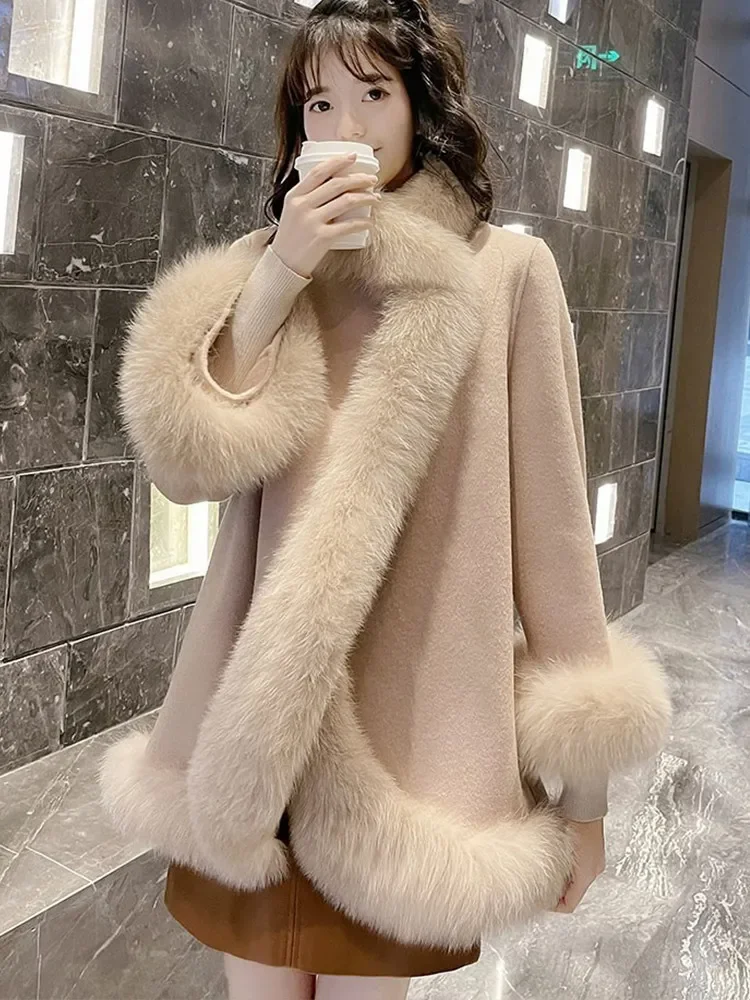 Winter Women\'s Fake Fox Fur Coat Wool Cloak Cashmere Warm Jacket Detachable Collar Open Stitch Thickening Female Coat T666