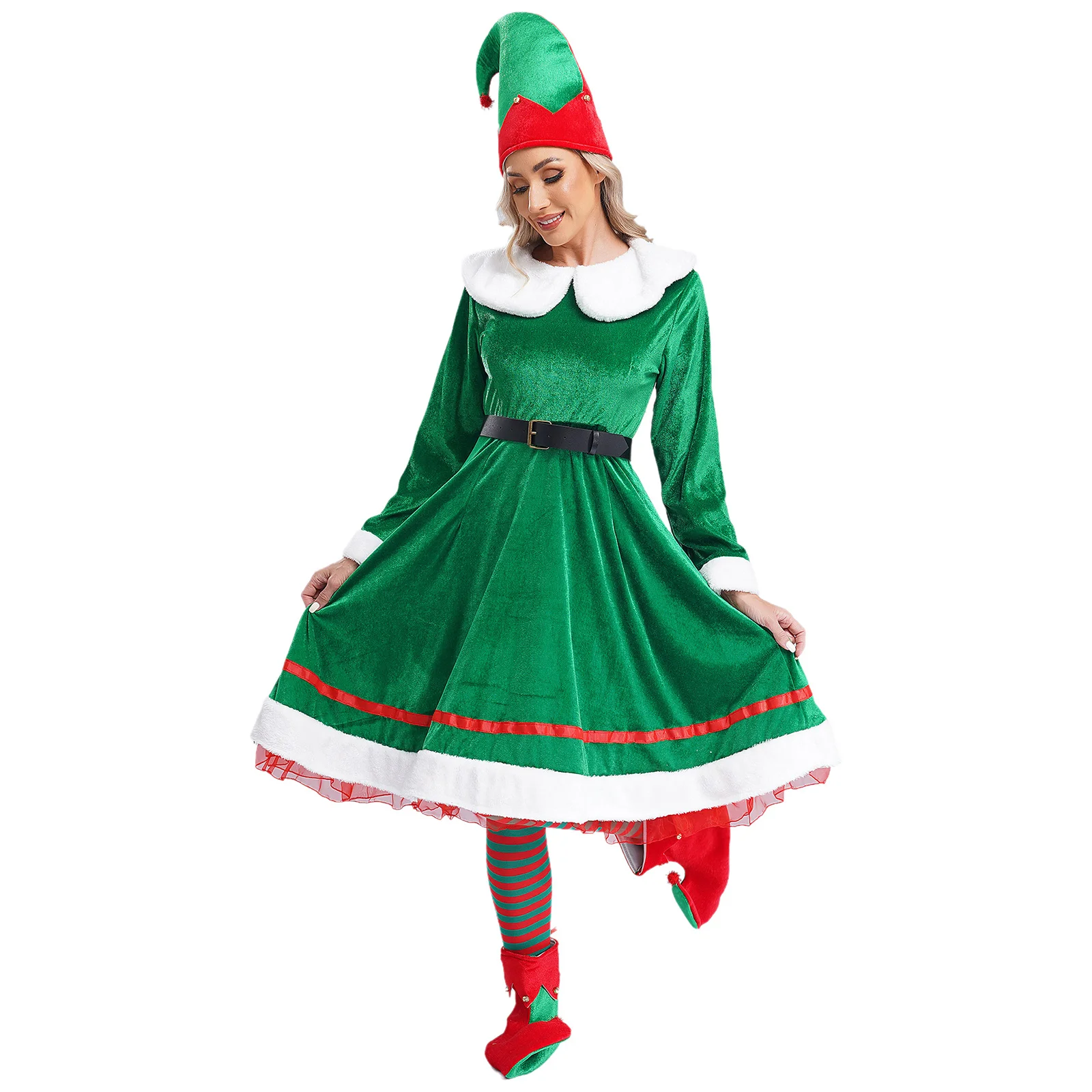 Sweet Cute Women Elf Fairy Tale Cosplay Dress Up Tinkle Bell Flannel Dress with Belt Hat Striped Stockings Shoes Christmas Set