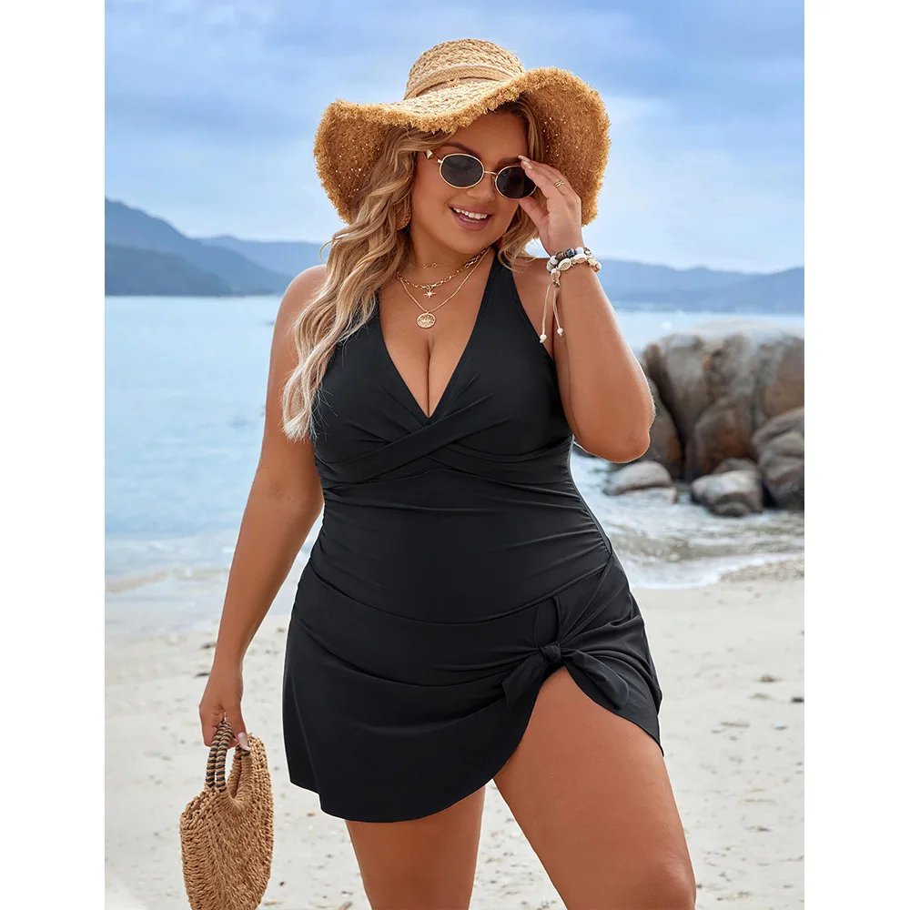 

2025 New Plus Size One-piece Swimsuit Woman V-neck Swimwear Solid Color Skirt Edge Women's Short Skirt Summer Beach Tankini