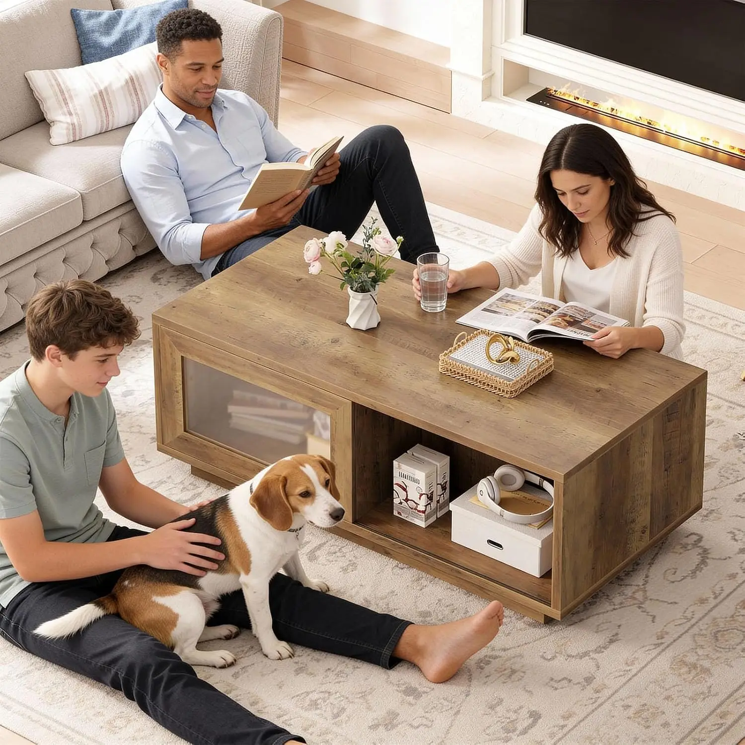47 Inch Rustic Oak Coffee Table with Storage for Living Room, Customized