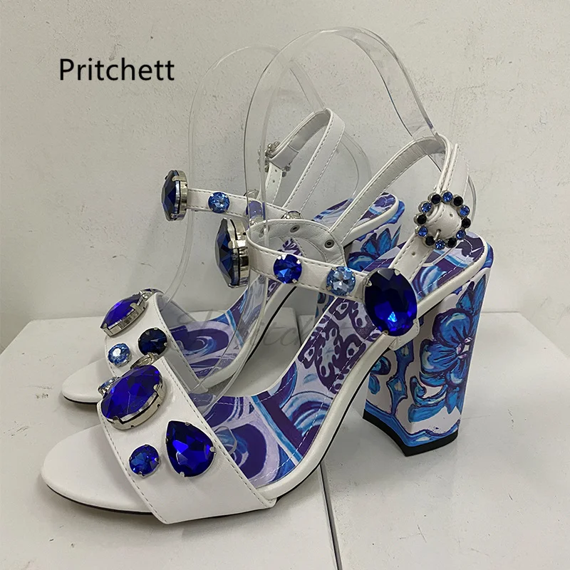 

Blue and White Sandals Women 3D Prints High Heels Summer 2024 New Bohemian Rhinestone Gem Chunky Heels Sandals Ladies Shoes