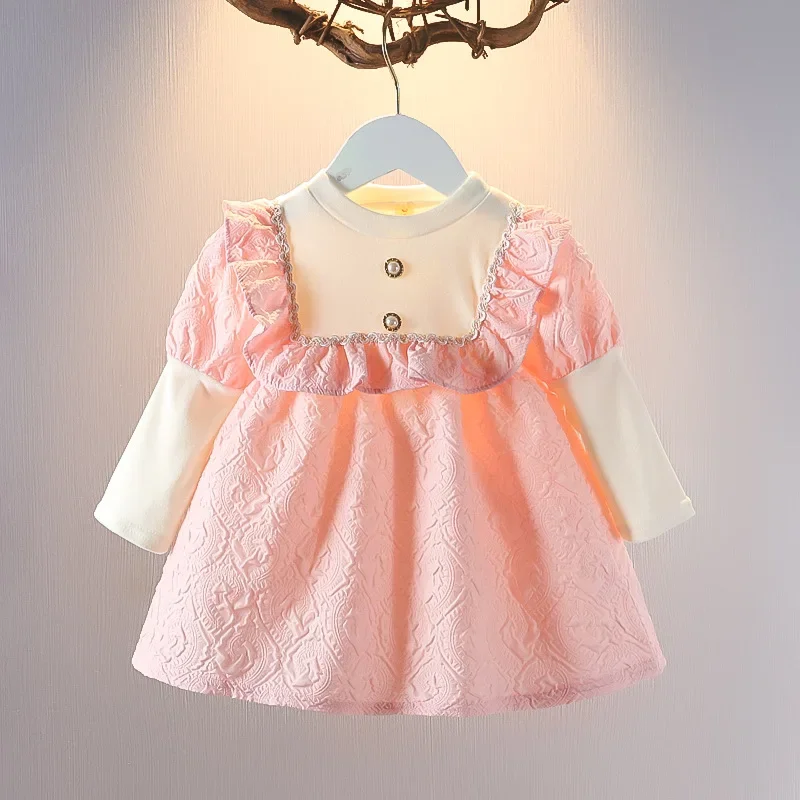 Toddler Baby Dresses for Girls Spring Cotton Long Sleeve Pearl Button Girls Cute Dress Fashion Princess Clothes Kids Clothing