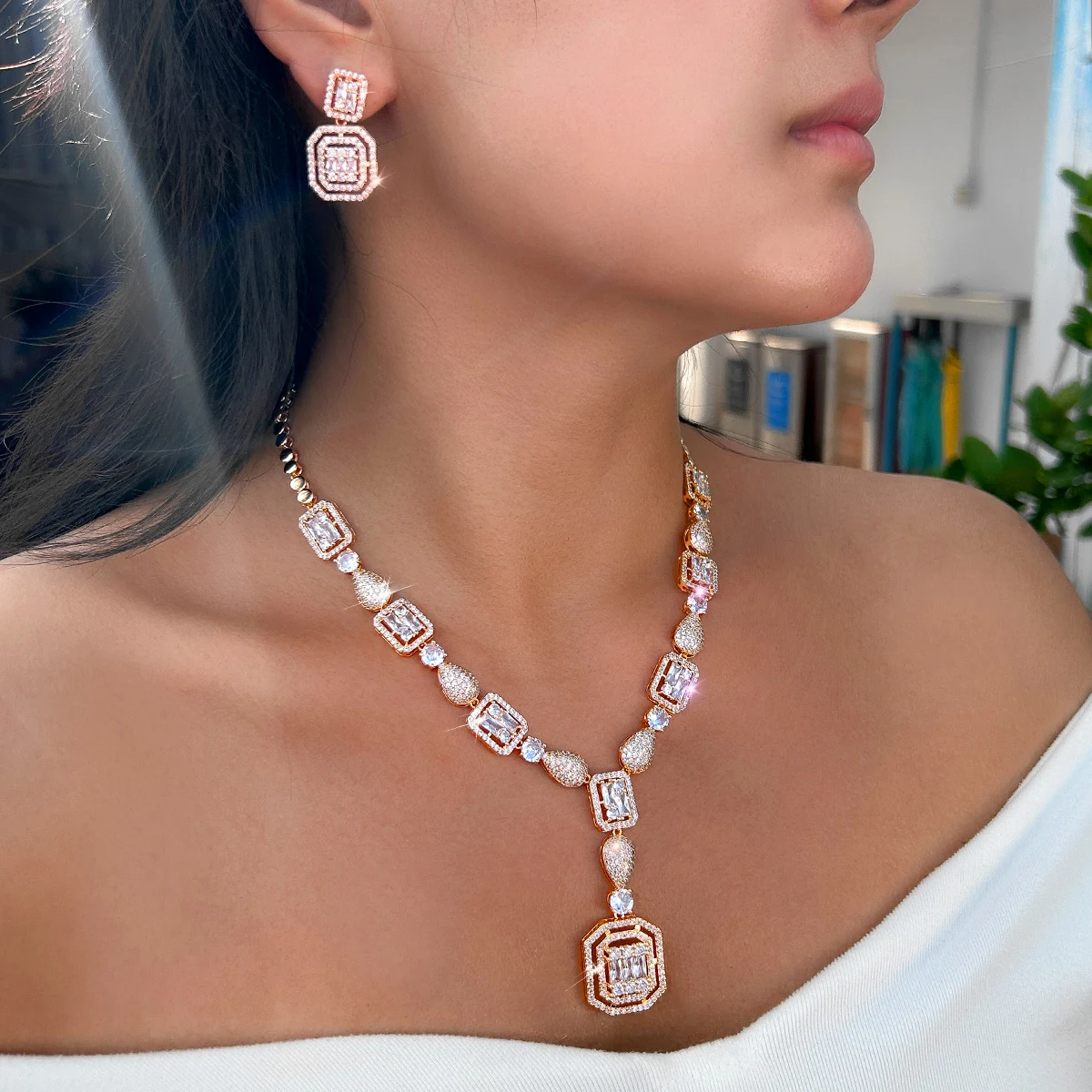 

CWWZircons Luxury African Nigerian CZ Zircon Big Square Pendant Necklace 2pcs Sets for Women Bridal Wedding Party Jewelry T0704